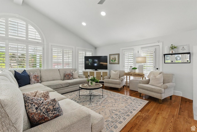 15 S 300 E, Payson, UT 84651 - living room featuring plenty of natural light, recessed lighting, wood finished floors, and high vaulted ceiling