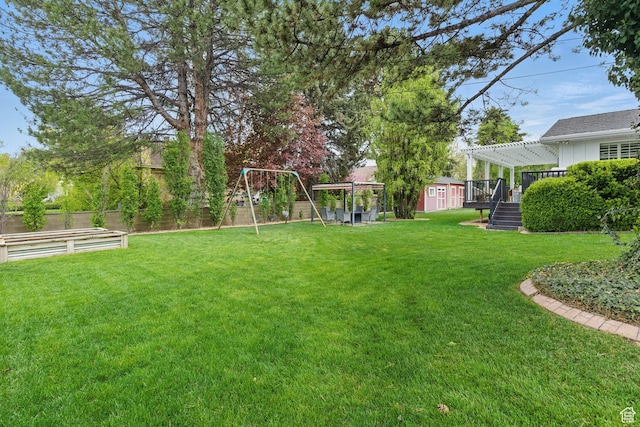 15 S 300 E, Payson, UT 84651 - view of yard featuring fence, an outdoor structure, a playground, a shed, and a pergola