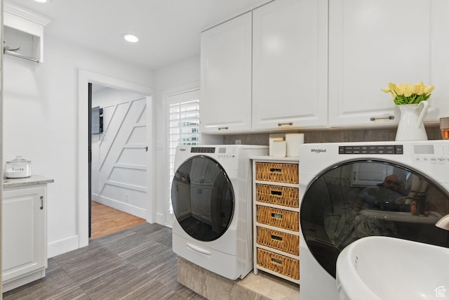 15 S 300 E, Payson, UT 84651 - laundry area with cabinet space, recessed lighting, baseboards, wood finished floors, and washing machine and dryer