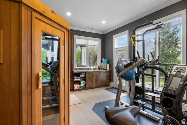 exercise area with crown molding, visible vents, light wood-style floors, baseboards, and recessed lighting