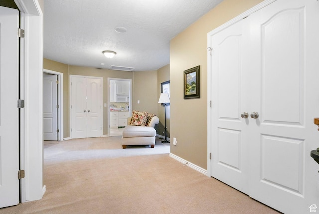 sitting room with baseboards, carpet flooring, and a textured ceiling