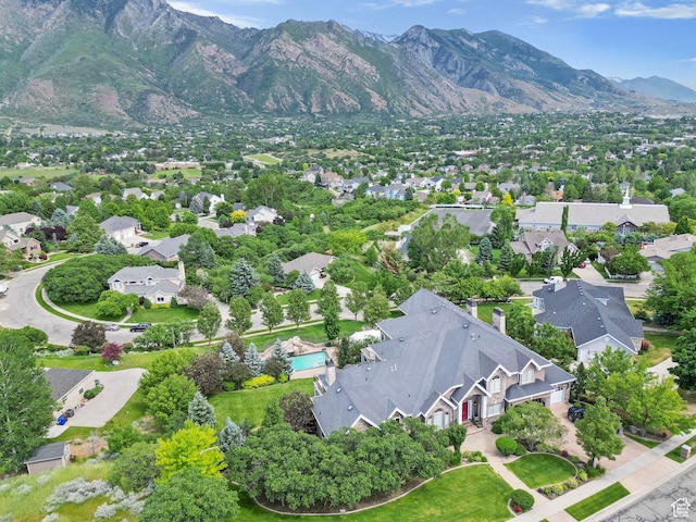 drone / aerial view with a mountain view and a residential view