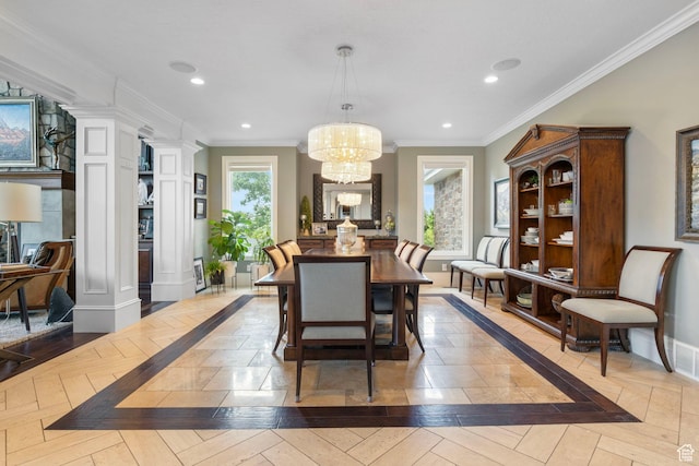 dining area with recessed lighting, decorative columns, baseboards, and a notable chandelier