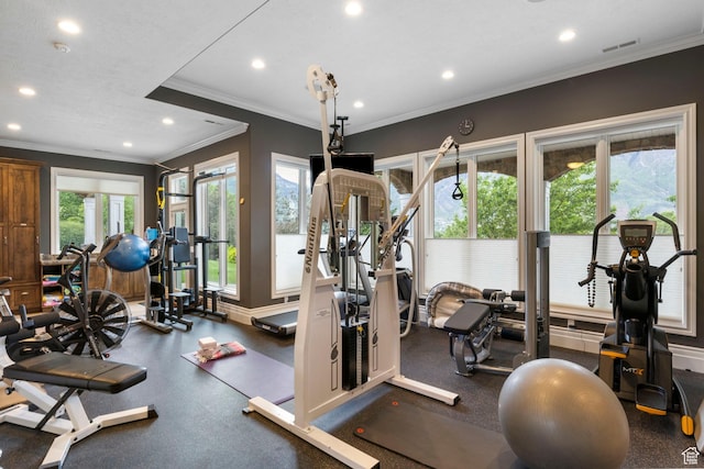 exercise room featuring crown molding, recessed lighting, and visible vents