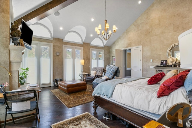 bedroom with wood-type flooring, high vaulted ceiling, a chandelier, access to exterior, and recessed lighting