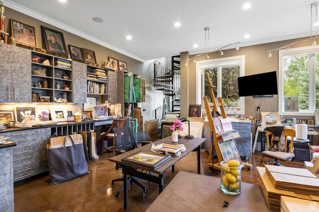 office space featuring recessed lighting, ornamental molding, finished concrete flooring, and a wealth of natural light