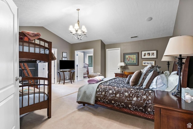 bedroom with an inviting chandelier, light carpet, visible vents, a textured ceiling, and vaulted ceiling