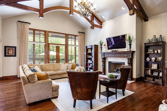 8777 S Falcon Heights Ln E, Cottonwood Heights, UT 84093 - living room featuring a notable chandelier, dark wood finished floors, beam ceiling, and a premium fireplace