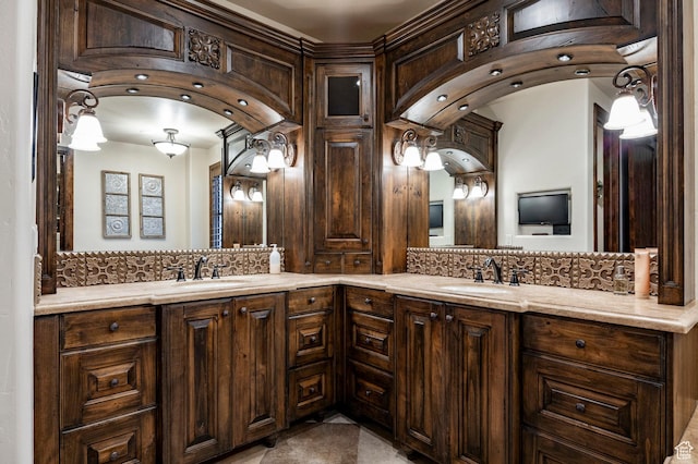 8777 S Falcon Heights Ln E, Cottonwood Heights, UT 84093 - full bathroom featuring double vanity, a sink, and backsplash
