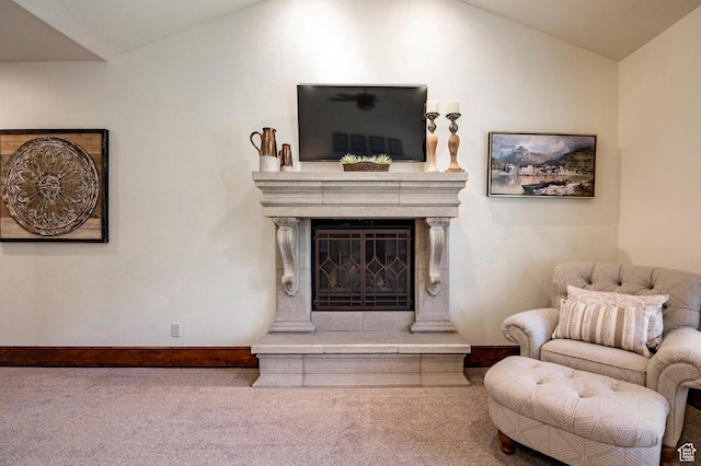 8777 S Falcon Heights Ln E, Cottonwood Heights, UT 84093 - carpeted living room with baseboards, a glass covered fireplace, and vaulted ceiling