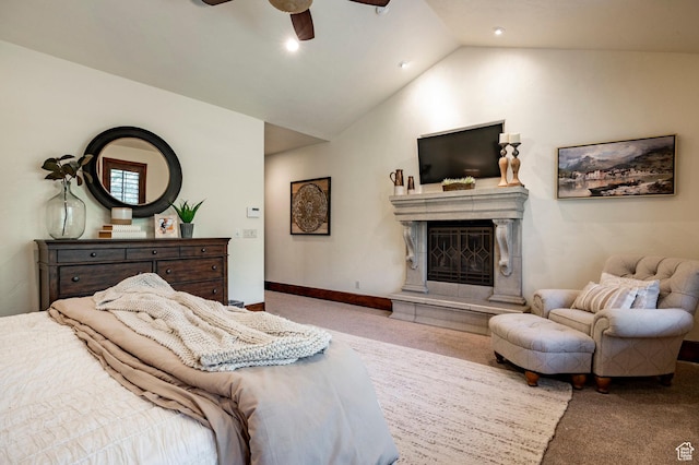 8777 S Falcon Heights Ln E, Cottonwood Heights, UT 84093 - carpeted bedroom featuring recessed lighting, a ceiling fan, lofted ceiling, and a fireplace