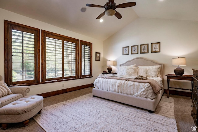 8777 S Falcon Heights Ln E, Cottonwood Heights, UT 84093 - carpeted bedroom with baseboards, recessed lighting, ceiling fan, and vaulted ceiling