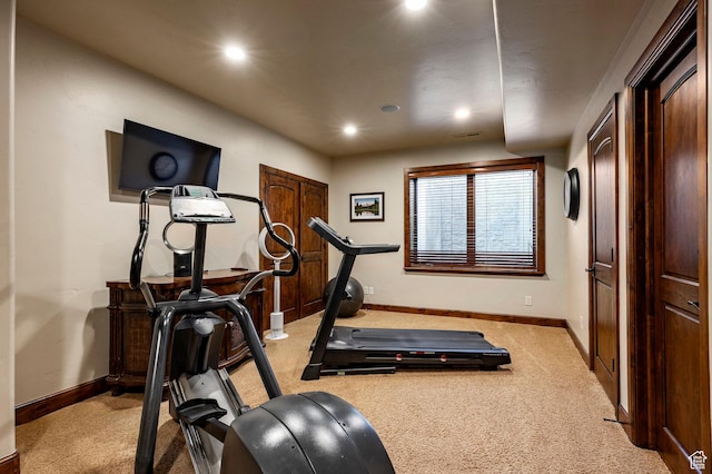 8777 S Falcon Heights Ln E, Cottonwood Heights, UT 84093 - exercise room featuring baseboards, recessed lighting, and light colored carpet