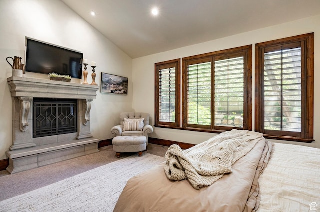 8777 S Falcon Heights Ln E, Cottonwood Heights, UT 84093 - bedroom with vaulted ceiling, baseboards, carpet floors, a glass covered fireplace, and recessed lighting
