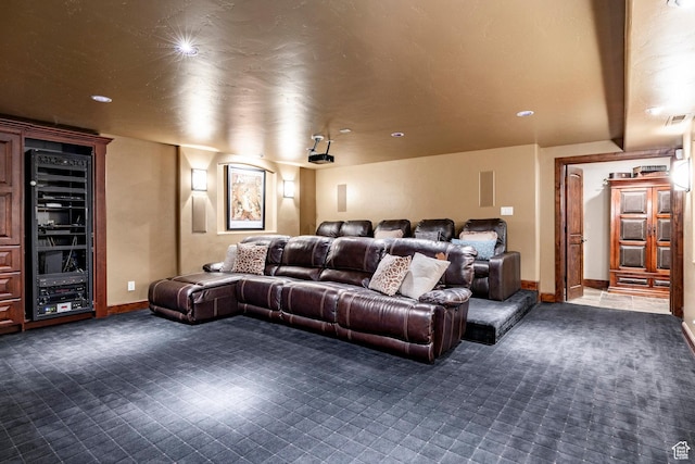 8777 S Falcon Heights Ln E, Cottonwood Heights, UT 84093 - home theater room featuring carpet floors, visible vents, wine cooler, baseboards, and recessed lighting