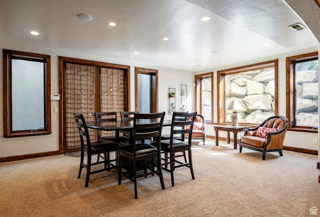 8777 S Falcon Heights Ln E, Cottonwood Heights, UT 84093 - dining area featuring recessed lighting, baseboards, visible vents, and light carpet