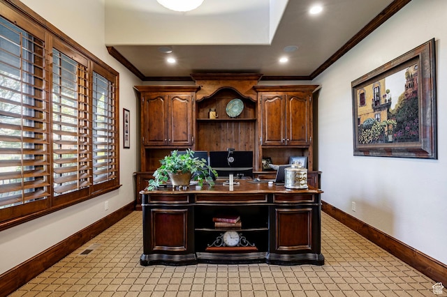 8777 S Falcon Heights Ln E, Cottonwood Heights, UT 84093 - office with crown molding, recessed lighting, and baseboards