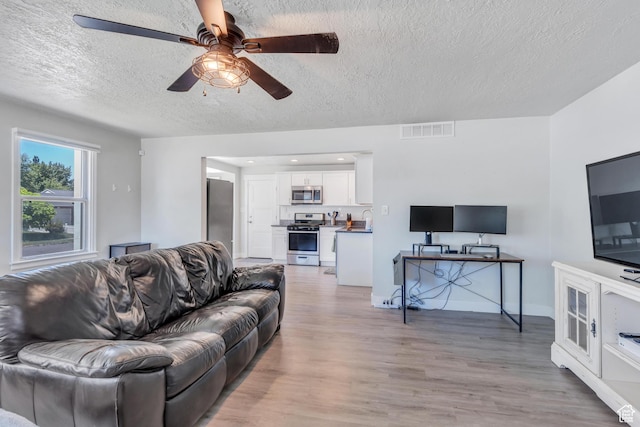 84 W Wasatch St S, Midvale, UT 84047 - living room with visible vents, baseboards, a textured ceiling, a ceiling fan, and light wood finished floors