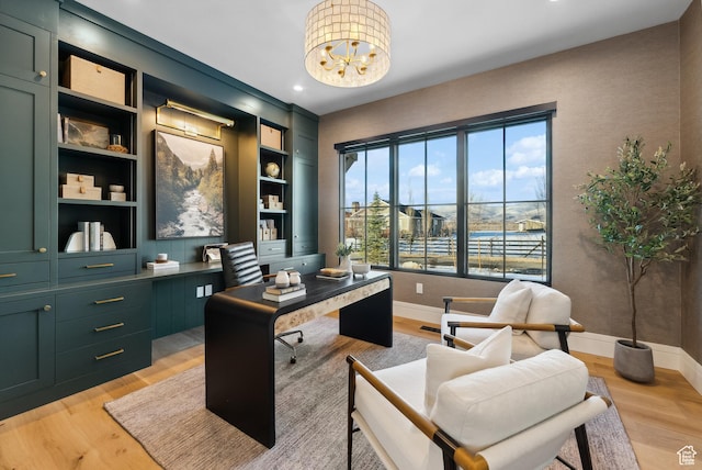 205 W Lazy Acres Ln, Kamas, UT 84036 - home office featuring recessed lighting, baseboards, a chandelier, and light wood-style flooring
