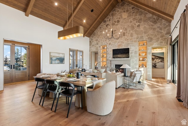 205 W Lazy Acres Ln, Kamas, UT 84036 - dining space featuring beamed ceiling, high vaulted ceiling, wood ceiling, french doors, and light wood finished floors