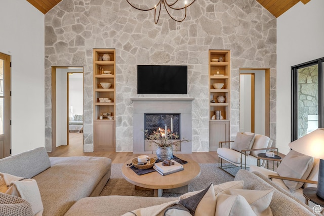 205 W Lazy Acres Ln, Kamas, UT 84036 - living room featuring high vaulted ceiling, wooden ceiling, and wood finished floors