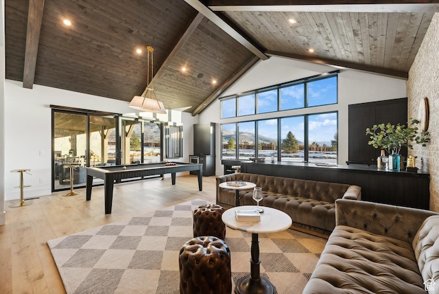 205 W Lazy Acres Ln, Kamas, UT 84036 - game room with beam ceiling, high vaulted ceiling, hardwood / wood-style floors, billiards, and wood ceiling