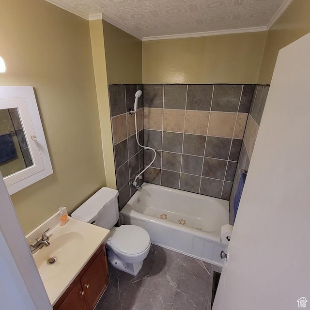 207 N Rawlins St, East Carbon, UT 84520 - bathroom featuring vanity, crown molding, marble finish floor, toilet, and shower / bathing tub combination