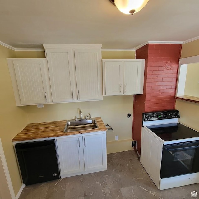 207 N Rawlins St, East Carbon, UT 84520 - kitchen featuring crown molding, white range with electric stovetop, a sink, dishwasher, and baseboards