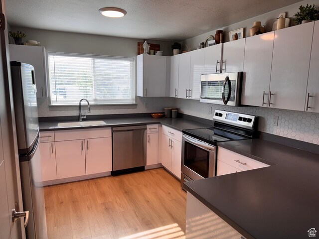 675 S 100 W Unit A203, Springville, UT 84663 - kitchen featuring decorative backsplash, dark countertops, a sink, light wood finished floors, and stainless steel appliances