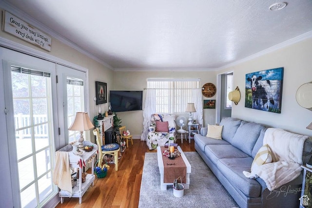 living room featuring ornamental molding, wood finished floors, and a wealth of natural light
