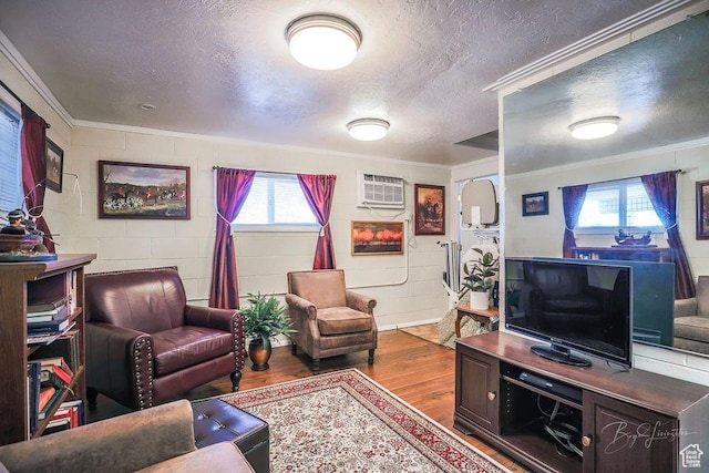 living area featuring a healthy amount of sunlight, a textured ceiling, a wall mounted AC, and wood finished floors