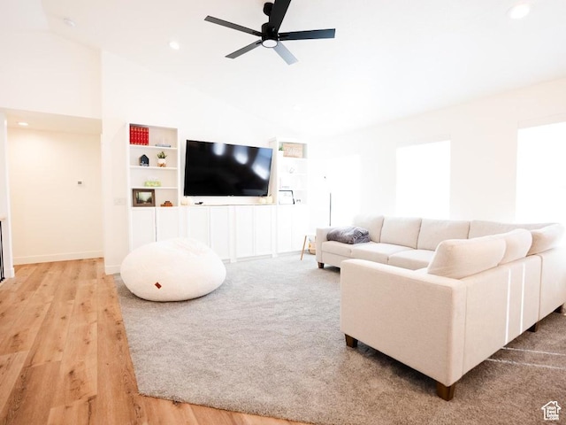 3834 N 2550 W, Farr West, UT 84404 - living area featuring wood finished floors, baseboards, high vaulted ceiling, recessed lighting, and a ceiling fan