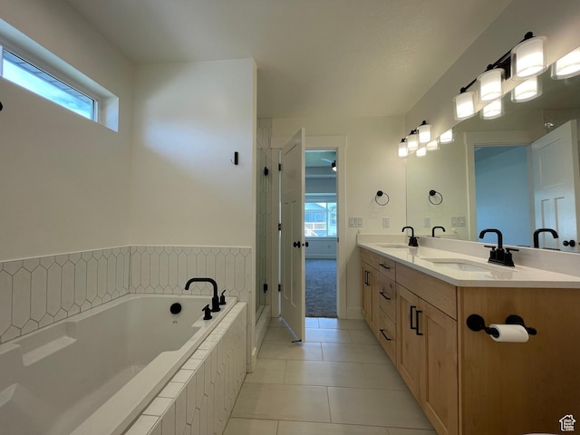 3834 N 2550 W, Farr West, UT 84404 - bathroom featuring double vanity, a bath, tile patterned flooring, and a shower stall