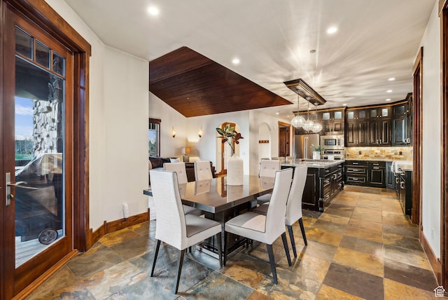 2042 Paddington Dr, Park City, UT 84060 - dining area featuring recessed lighting, baseboards, a notable chandelier, and stone tile flooring