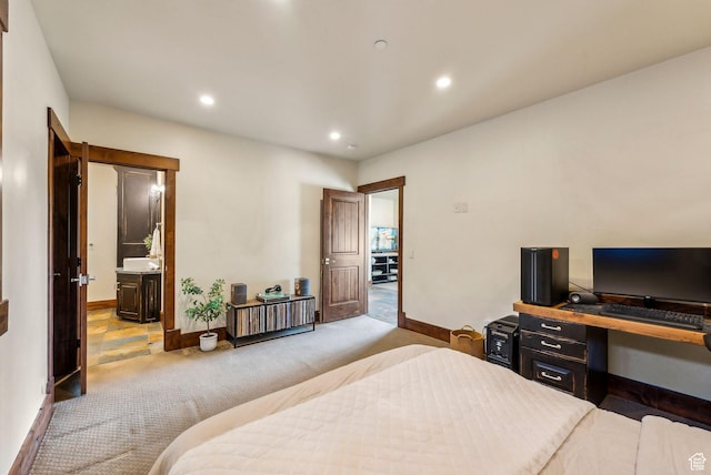 2042 Paddington Dr, Park City, UT 84060 - bedroom with ensuite bath, light carpet, baseboards, and recessed lighting