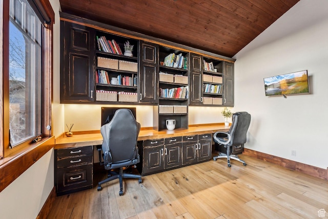 2042 Paddington Dr, Park City, UT 84060 - office area featuring baseboards, built in desk, light wood-style flooring, and wood ceiling