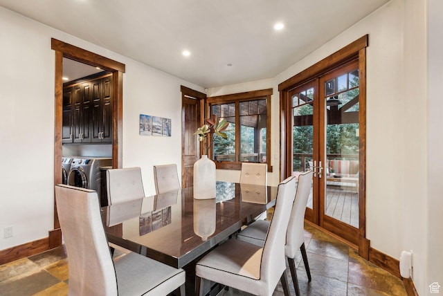 2042 Paddington Dr, Park City, UT 84060 - dining area featuring french doors, stone tile flooring, recessed lighting, washing machine and clothes dryer, and baseboards