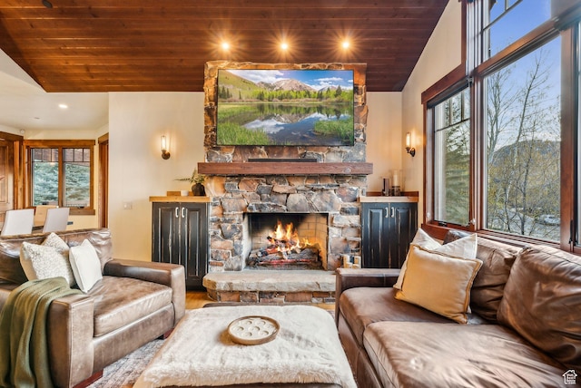 2042 Paddington Dr, Park City, UT 84060 - living area featuring wood ceiling, wood finished floors, lofted ceiling, and a fireplace