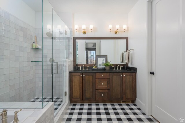 1478 W 400 N, West Bountiful, UT 84087 - full bathroom with a sink, a stall shower, double vanity, and a notable chandelier