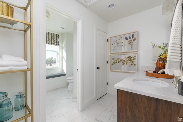 1478 W 400 N, West Bountiful, UT 84087 - bathroom with visible vents, vanity, baseboards, toilet, and marble finish floor