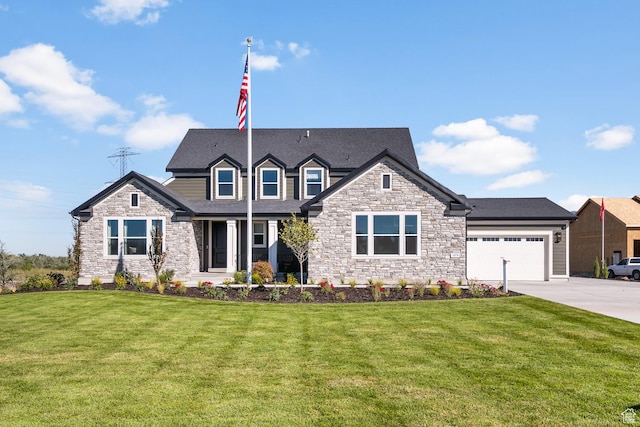 1478 W 400 N, West Bountiful, UT 84087 - view of front facade with a garage, a front lawn, stone siding, and concrete driveway