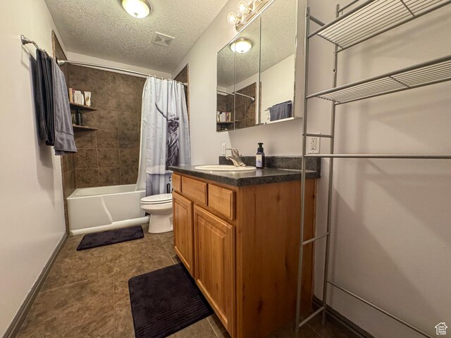 3261 S 1500 W, Nibley, UT 84321 - bathroom with vanity, toilet, baseboards, shower / bathtub combination with curtain, and a textured ceiling