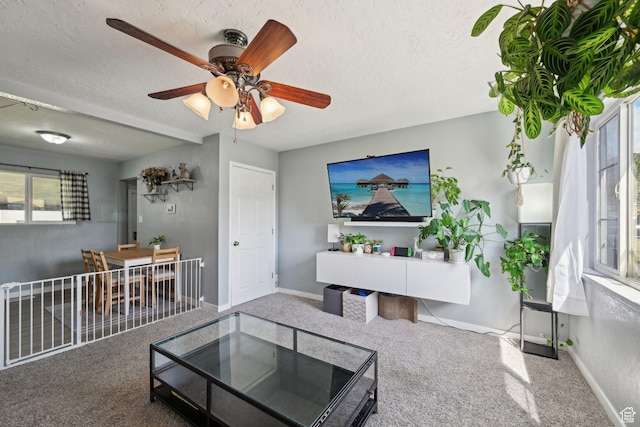 293 E Valley View Dr, Tooele, UT 84074 - carpeted living room featuring baseboards, a ceiling fan, and a textured ceiling