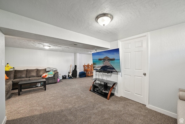 293 E Valley View Dr, Tooele, UT 84074 - living area featuring baseboards, carpet, a textured ceiling, and visible vents