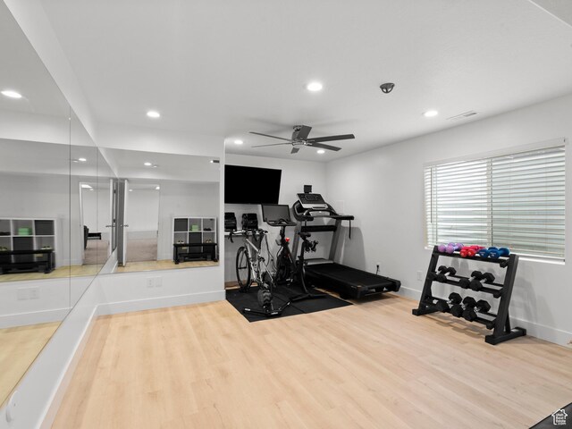 4928 W Eiffel Way, Riverton, UT 84096 - exercise room with wood finished floors, recessed lighting, a ceiling fan, and baseboards