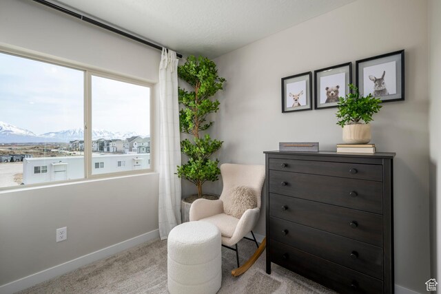 141 N Gallery St, Saratoga Springs, UT 84045 - sitting room with carpet floors, baseboards, a mountain view, and a wealth of natural light