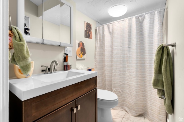 1470 S Edison St, Salt Lake City, UT 84115 - bathroom featuring vanity, marble finish floor, curtained shower, and toilet