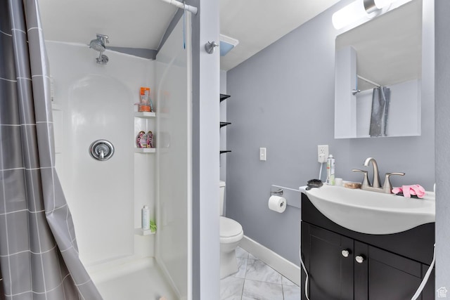 1470 S Edison St, Salt Lake City, UT 84115 - bathroom with vanity, toilet, marble finish floor, baseboards, and a stall shower