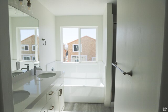 3743 N Janie St Unit 1010, Eagle Mountain, UT 84005 - bathroom featuring a garden tub, a sink, wood finished floors, and double vanity