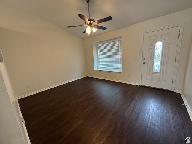 1952 E Sunset Dr, Layton, UT 84040 - foyer with baseboards, ceiling fan, lofted ceiling, and dark wood-style floors